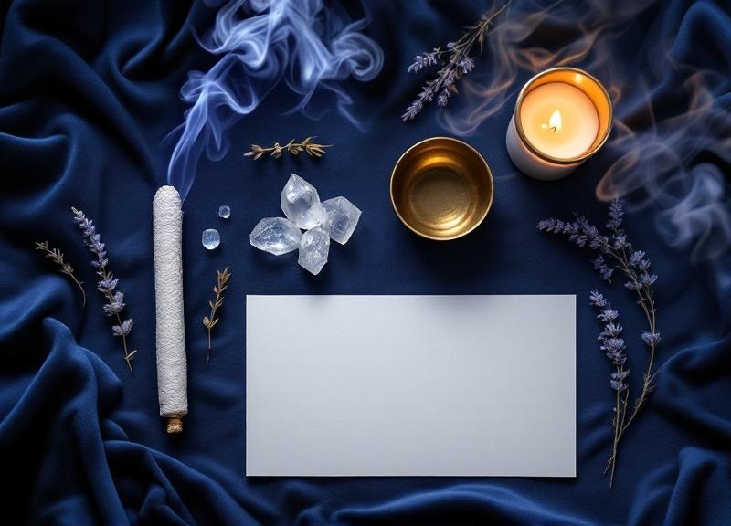 Person performing lunar eclipse release ritual with journal, candles, and crystals on altar during full moon meditation