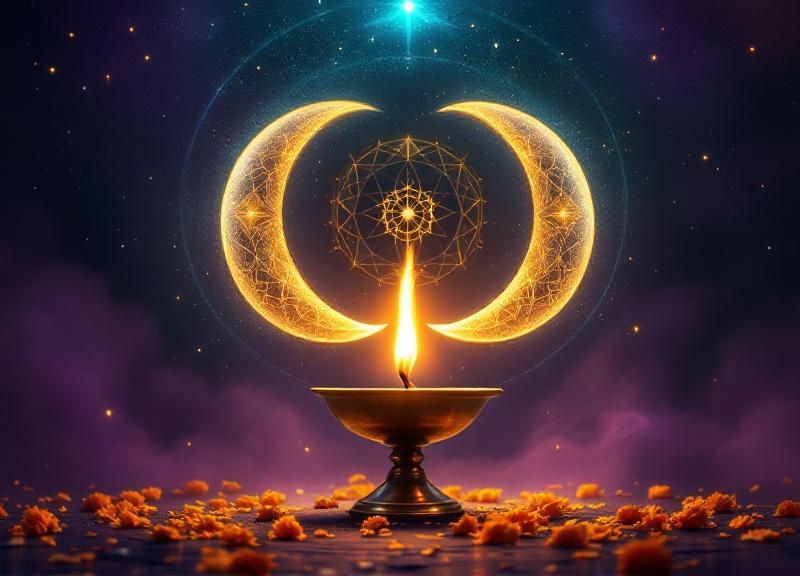 Twelve zodiac signs arranged in a circle with corresponding Navratri gemstones and ritual items for each sign