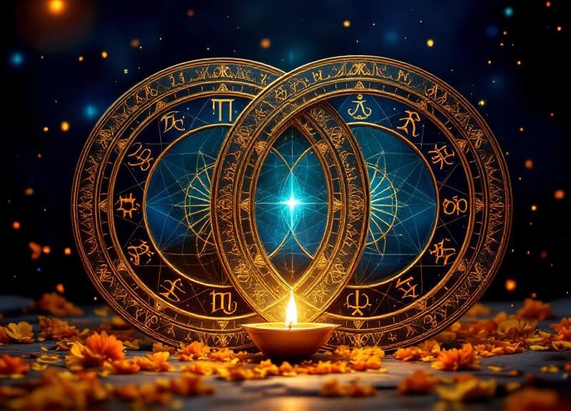 Diagram showing major synastry aspects between two birth charts with conjunctions, trines, and oppositions highlighted