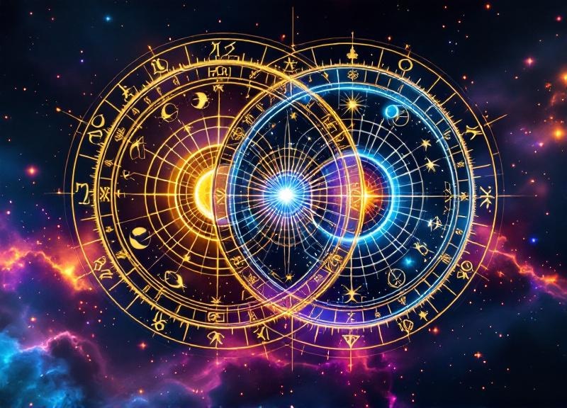 Illustration of the lunar nodes axis connecting two birth charts in synastry with karmic relationship indicators