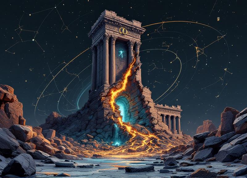 Pluto symbol entering Capricorn zodiac sign with crumbling corporate buildings and banking institutions