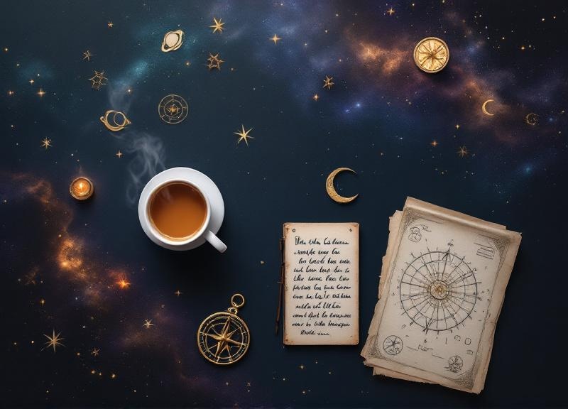 Person performing morning astrology ritual with ephemeris book and candles at dawn