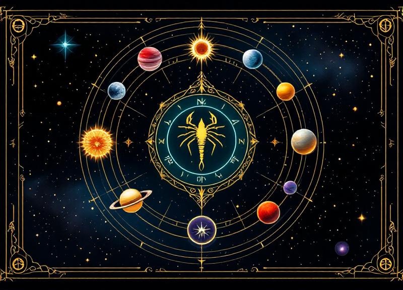 Chart wheel highlighting the 8th house position with planetary glyphs showing different placements and their transformative energies