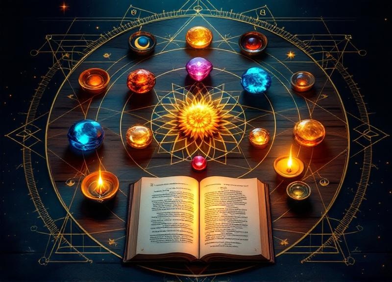 Person practicing yoga at sunrise with planetary symbols representing different asanas and energies