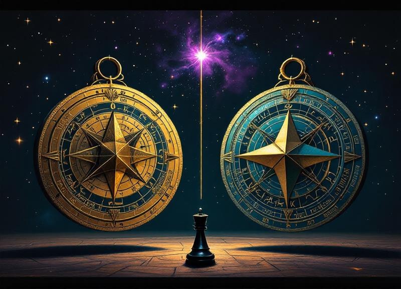Split-screen comparison showing traditional hand-drawn birth chart next to modern AI-generated digital chart interface with highlighted planetary aspects