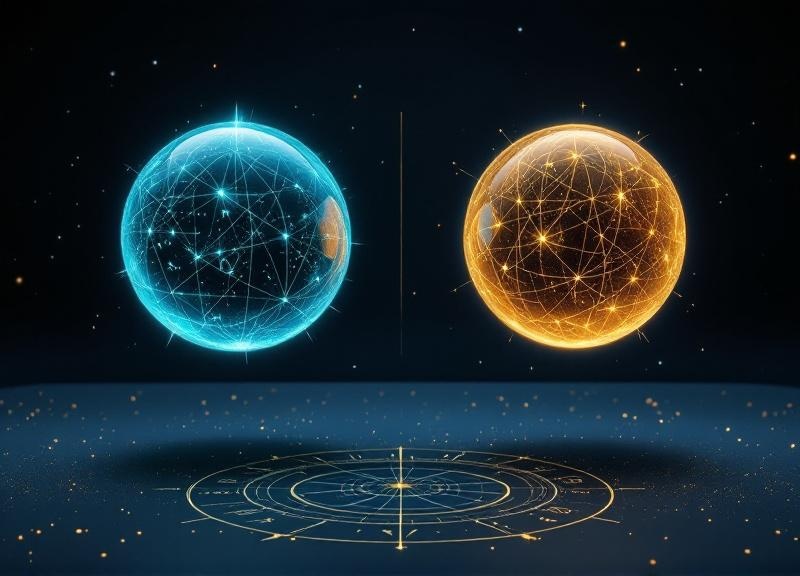 Person using smartphone astrology app with AI-powered insights displayed on screen, cosmic backdrop with zodiac constellation patterns