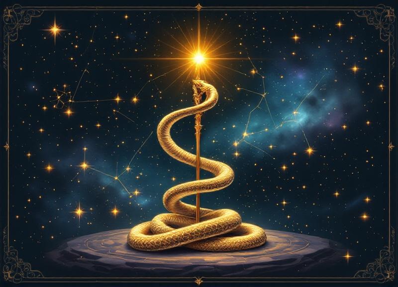 Ancient Greek mythology illustration of Asclepius the healer holding a serpent, representing Ophiuchus archetype