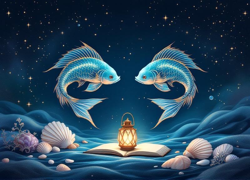 Visual chart showing Pisces child characteristics with moon phases and water elements in soft pastel colors
