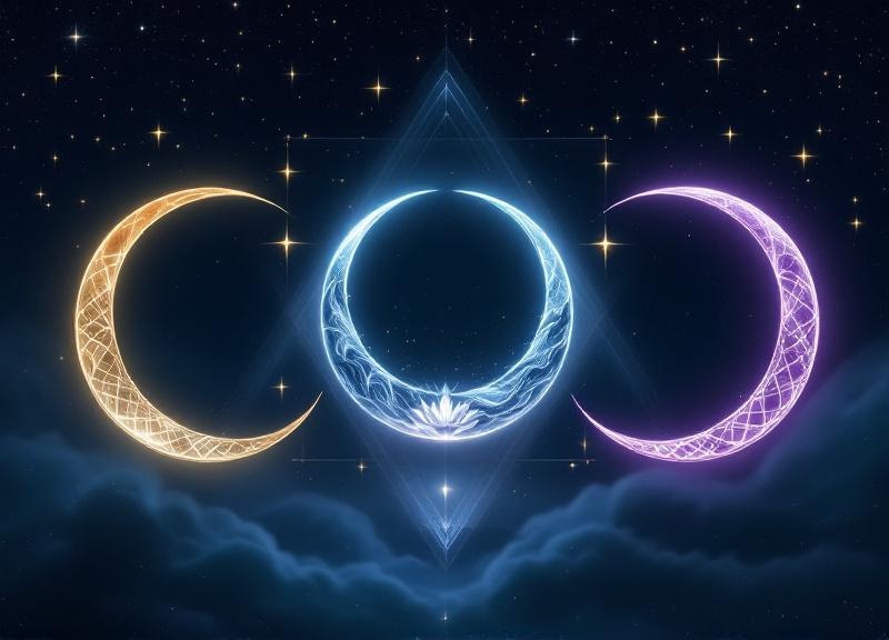 Three moon phases representing Cancer's three nakshatras: Punarvasu, Pushya, and Ashlesha, with symbolic imagery