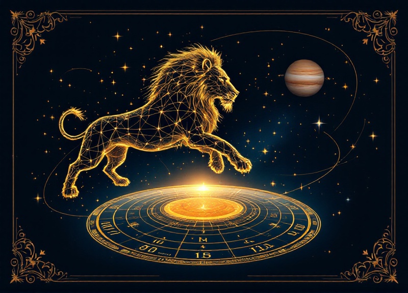 Creative individual standing in spotlight with cosmic abundance symbols radiating outward, representing Jupiter in Leo manifestation