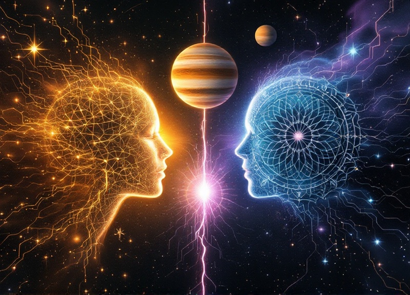 Astrological chart showing Jupiter's opposition to Pluto in Aquarius during the 2026 Leo transit with highlighted aspects
