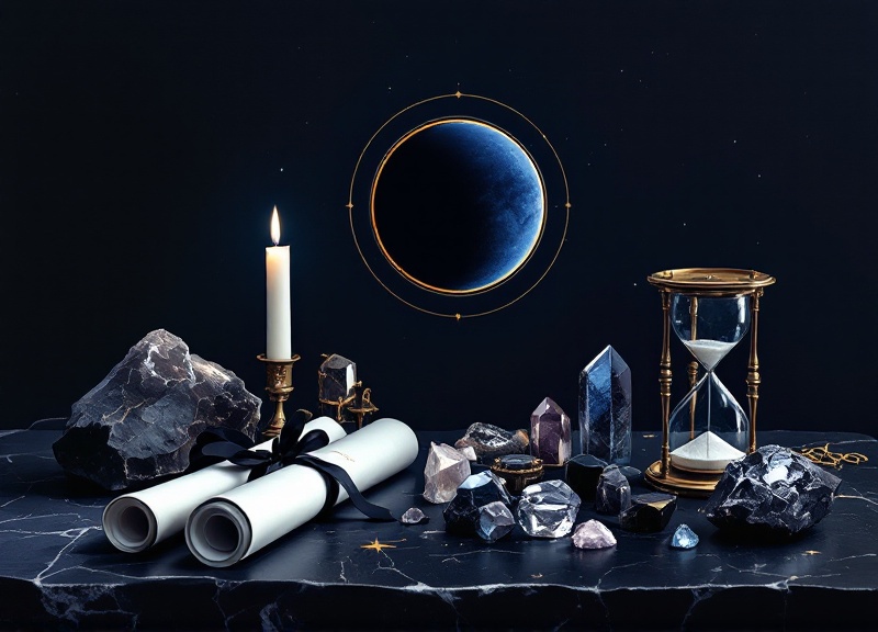 Sacred ritual setup with candles, crystals, and journaling materials for eclipse season spiritual practices and reflection
