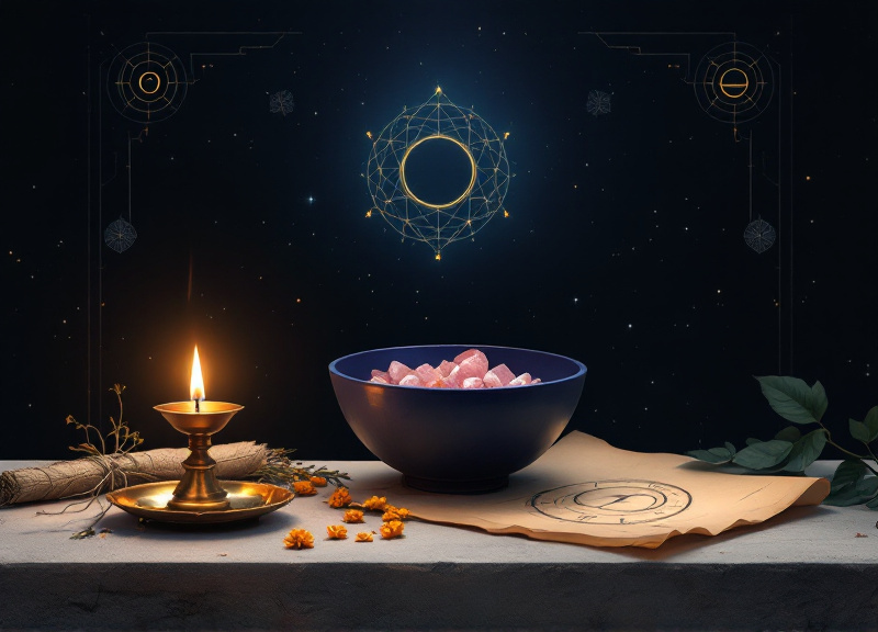 Traditional eclipse ritual setup with candles, crystals, and sacred items for spiritual protection and intention-setting