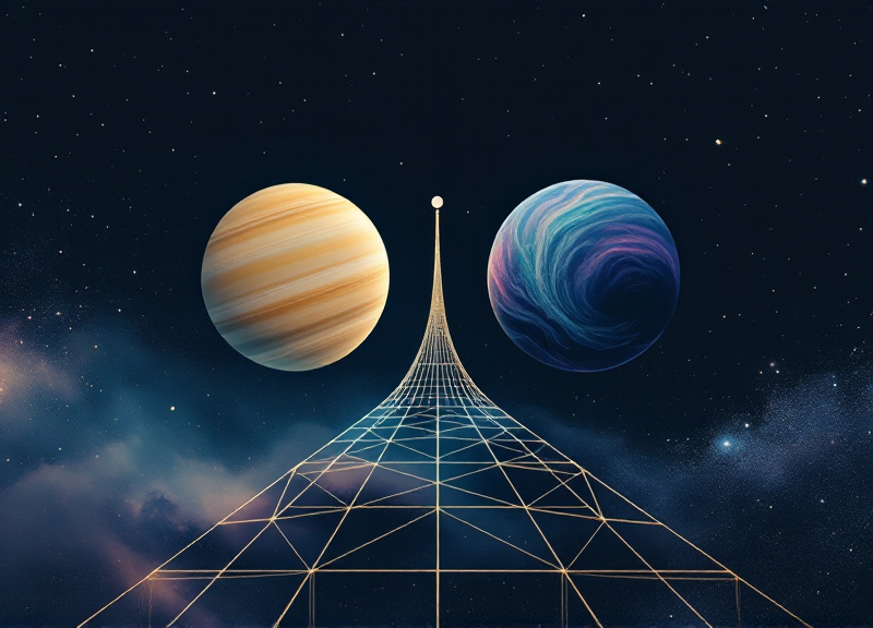 Saturn and Neptune planetary conjunction diagram showing alignment positions in late August 2026 with astrological house placements