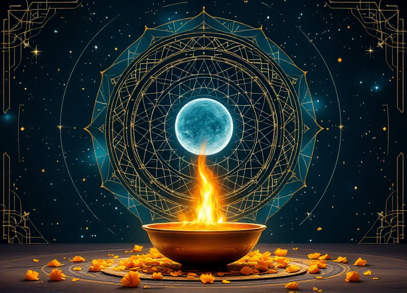 Vedic nakshatra wheel highlighting Uttara Bhadrapada and Purva Bhadrapada with Saturn glyph and ritual elements