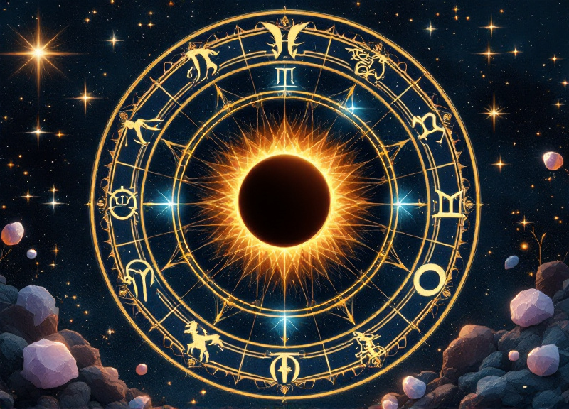 Twelve zodiac symbols arranged in circle with Leo highlighted, showing how solar eclipse energy affects each astrological sign