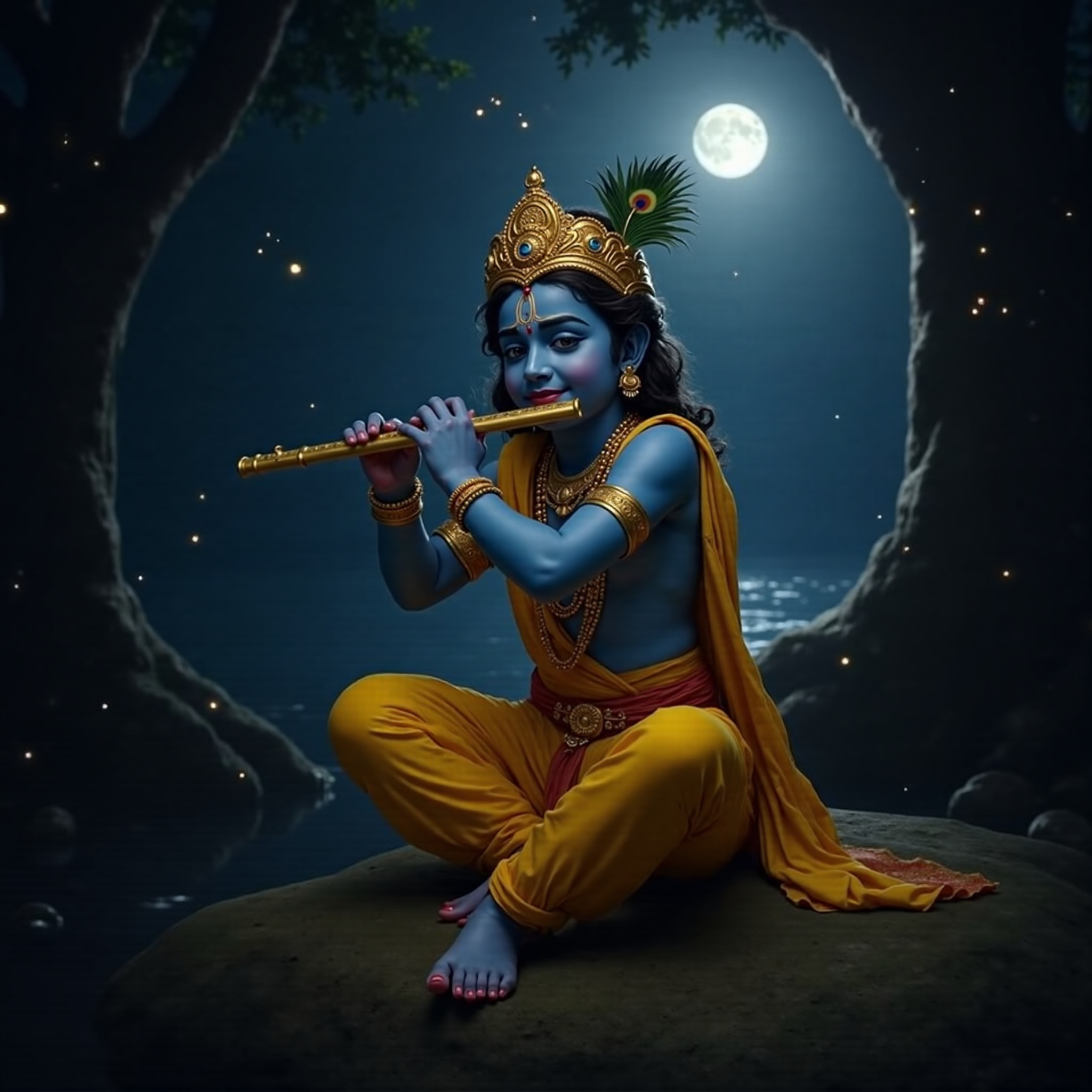 Lord Krishna cinematic wallpaper - free HD and 4K Lord Krishna Flute Moonlight Wallpaper for desktop and phone