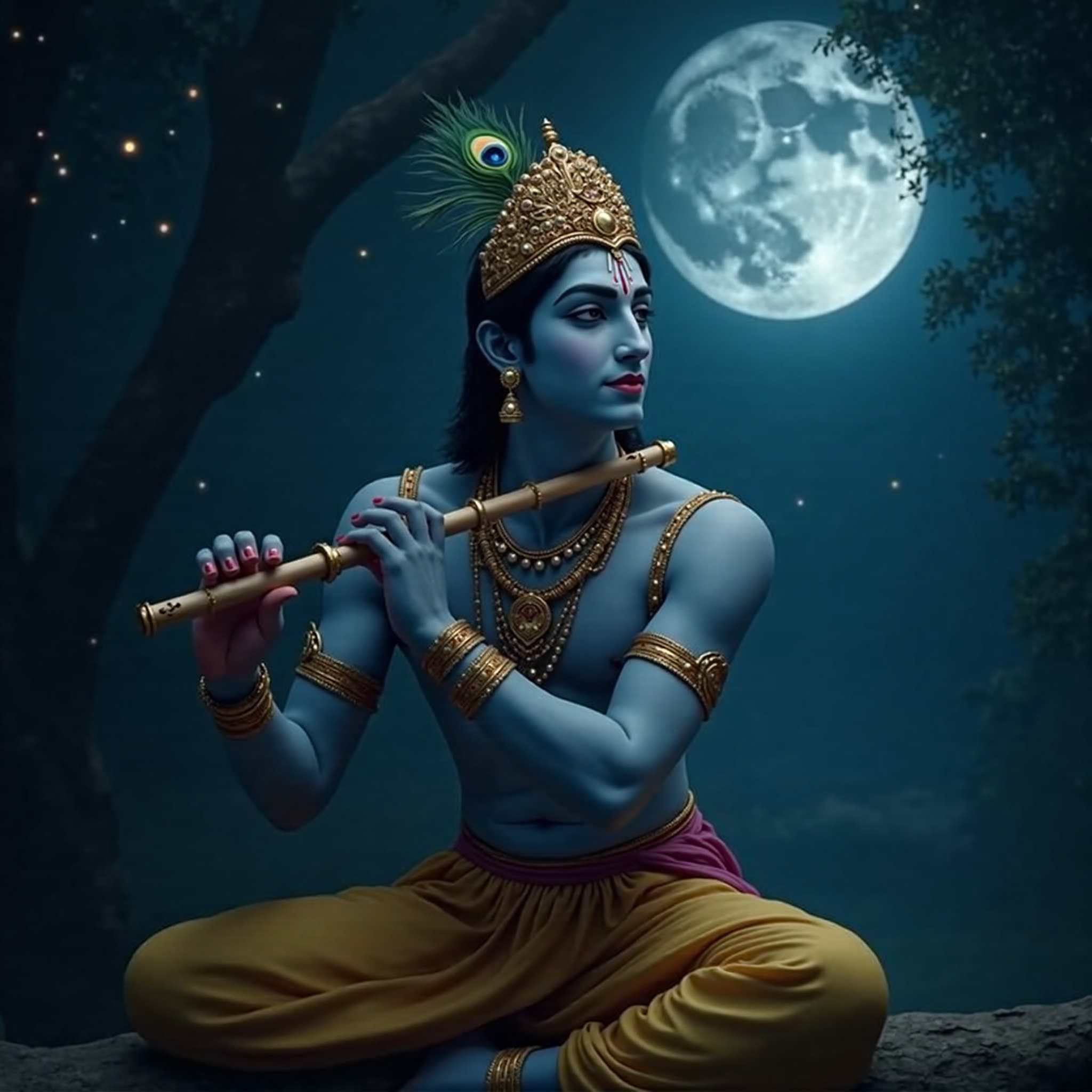 Lord Krishna cinematic wallpaper - free HD and 4K Lord Krishna Flute Moonlight Wallpaper for desktop and phone