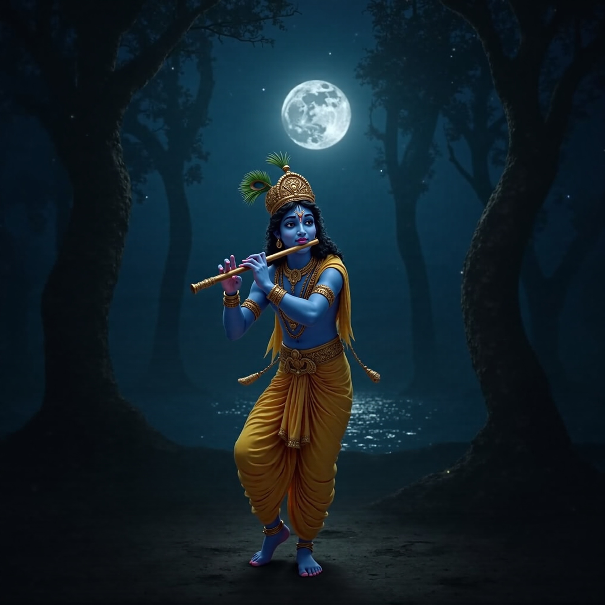 Lord Krishna cinematic wallpaper - free HD and 4K Lord Krishna Flute Moonlight Wallpaper for desktop and phone