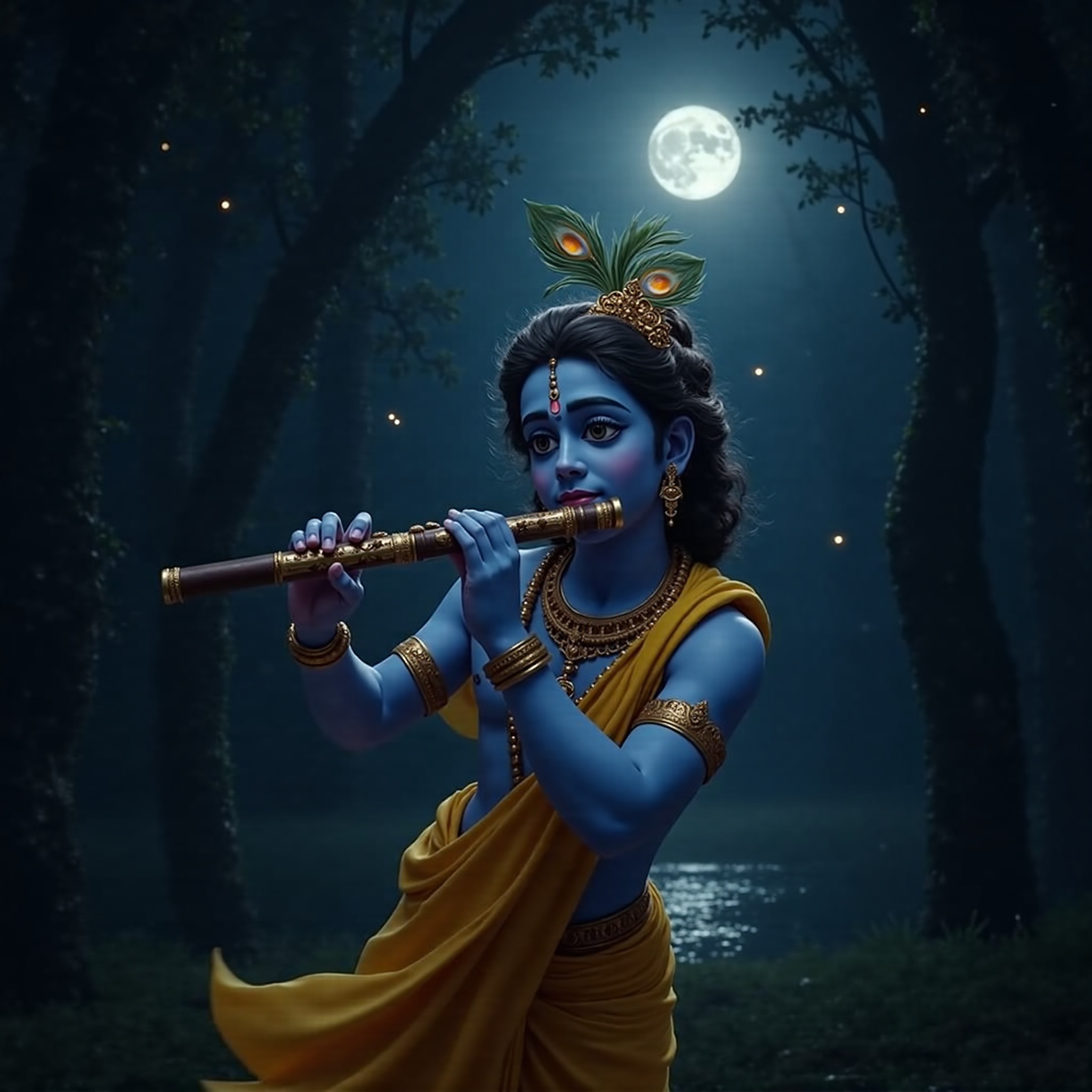 Lord Krishna cinematic wallpaper - free HD and 4K Lord Krishna Flute Moonlight Wallpaper for desktop and phone